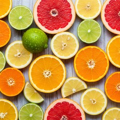 Overhead shot of a colorful assortment of citrus fruit slices, including oranges, grapefruits, lemons, and limes, creating a vibrant and refreshing display of natures bounty