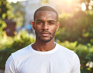 A handsome man in a white tee shirt looks directly at the camera