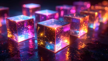 Futuristic array of glowing translucent cubes filled with colorful sparkling lights.