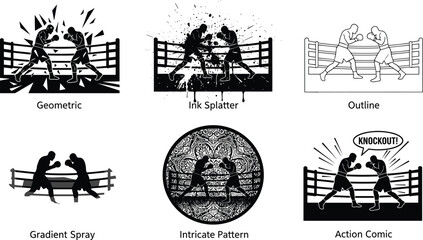Two boxers fighting in ring in six artistic styles, silhouette, line art, ink splatter, gradient spray, intricate pattern, comic action, knockout