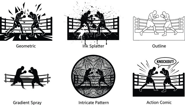 Two boxers fighting in ring in six artistic styles, silhouette, line art, ink splatter, gradient spray, intricate pattern, comic action, knockout