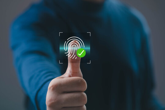 A close-up of a thumb scanning on a biometric fingerprint authentication system, highlighting secure access, digital identity verification, and modern cybersecurity protection for advanced technology.