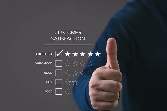 A customer satisfaction rating concept showing a thumbs-up gesture alongside an excellent five-star review, symbolizing positive feedback, service quality, high performance, strong customer experience