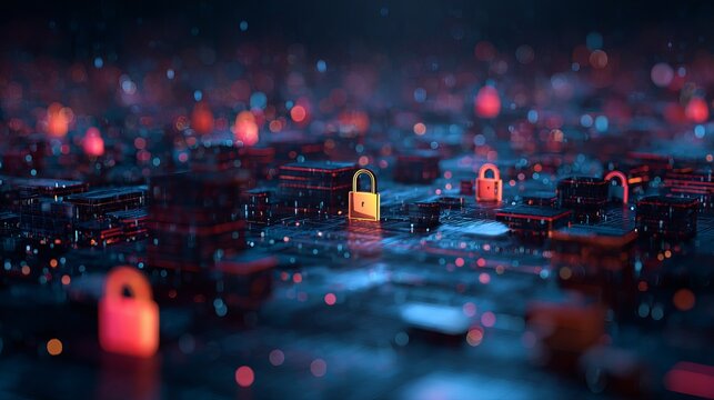 Digital security concept with glowing padlocks on a circuit board, representing data protection and cyber safety in a modern abstract network.