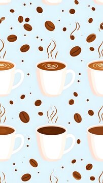 Seamless Coffee Pattern with Cartoon Cups Beans and Latte Art.