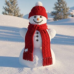 A cheerful snowman with a red hat and scarf stands in a snowy landscape, embodying the joy and spirit of the winter season