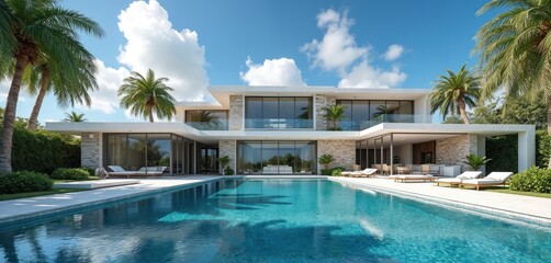 Fototapeta premium Modern luxury villa with azure swimming pool, palm trees reflects ideal upscale tropical living. Estate features expansive glass windows, sleek stone facade, spacious outdoor seating areas for