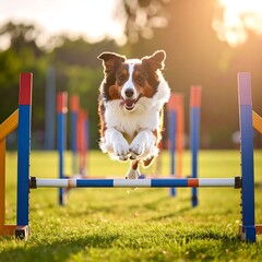 A happy dog jumps over agility poles at sunset