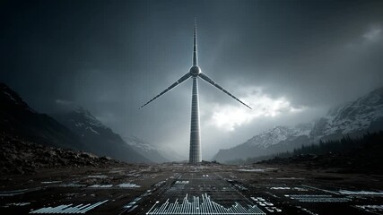Majestic wind turbine stands against stormy mountains - Powered by Adobe