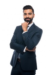 Portrait of a successful and intelligent young bearded businessman in a classic formal suit, thinking with a pensive expression on a white studio background