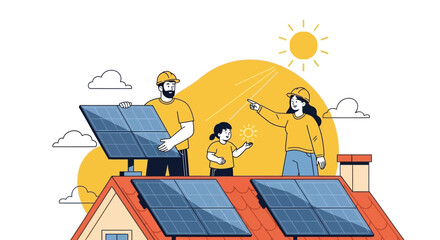 Family installing solar panels on their house roof for renewable energy. Flat Vector Illustrations. EPS Editable
