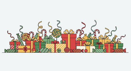 Obraz premium Festive border of colorful handdrawn gift boxes presents and candy for Christmas or birthdays. Flat Vector Illustrations. EPS Editable