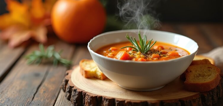 Steaming bowl of autumn vegetable soup with carrots corn and herbs sits on rustic wood. Crispy bread slices rest beside warm comfort food dish. Seasonal meal preparation.