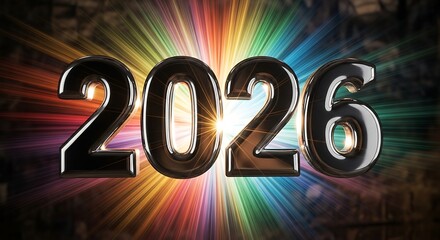 Shiny Metallic 2026 Year with Colorful Light Burst Background