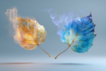 Two Autumn Leaves with Fire and Ice, Light Gray Background, Digital Art