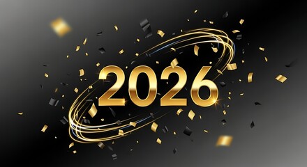 Golden 2026 New Year Celebration with Confetti and Light Trails