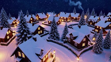 Enchanting Christmas snowy village at night with cozy illuminated cabins and starry sky in winter season. concept of serene winter landscape, cozy retreat, magical night scene. - Powered by Adobe
