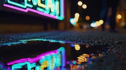 Urban night scene with vibrant neon lights reflecting in a rain puddle on a city street. concept of city life, modern nightlife, urban atmosphere. - Powered by Adobe