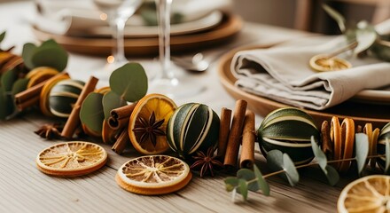 A close-up shot of a festive holiday table setting featuring a natural garland or runner made of dried citrus slices (oranges/lemons), cinnamon sticks, star anise, preserved green limes/fruit.