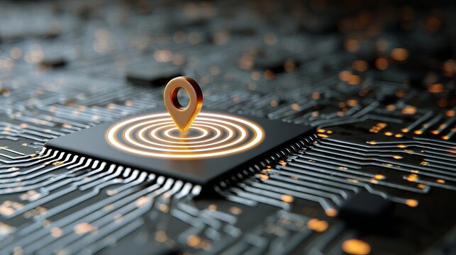 Golden location pin glowing on a futuristic circuit board representing digital navigation and connectivity - Powered by Adobe