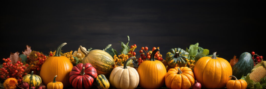 Abundant harvest display featuring vibrant pumpkins gourds colorful berries and autumn leaves creating a rich festive fall scene