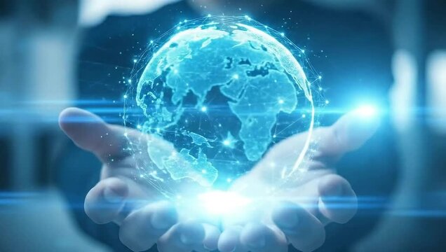 Hands Holding Glowing Digital Globe with Network Connections earth