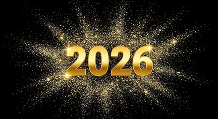 Golden 2026 New Year Celebration with Glitter Explosion on Black Background