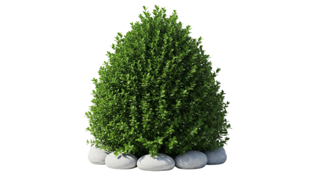 Conical evergreen shrub with white stones