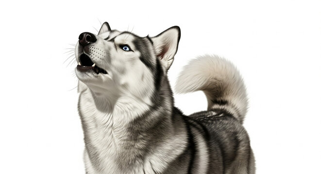 Majestic Siberian Husky with Blue Eyes Howling on White Background
A stunning, high-impact studio portrait of a purebred Siberian Husky caught mid-howl