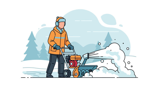 Man in warm winter clothes clearing snow with a snow blower machine in a snowy landscape vector illustration. Flat Vector Illustrations. EPS Editable