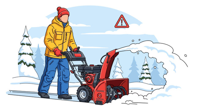 Man in winter clothing clearing a snowy path with a red snow blower machine. Flat Vector Illustrations. EPS Editable