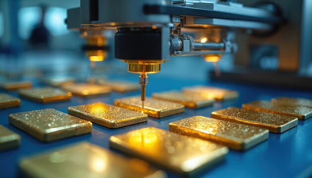 Metal samples undergo purity assessment via automated lab machinery. Gold bars get quality control analysis in industrial facility. Precious metal research, metallurgical tests in metallurgy