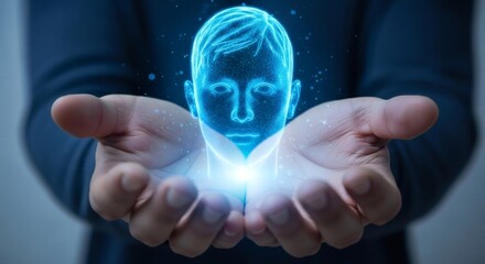 Holographic Man Rising From Hands In A Sci-Fi Futuristic Technology