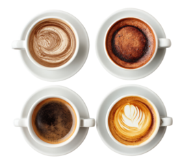 Four white coffee cups, each filled with a different type of coffee drink, displayed in a grid. Top left, a latte art swirl in light and dark browns. Top right, a dark brown espresso or cappuccino. 