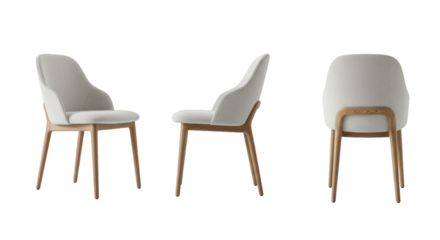 Modern white upholstered dining chairs on black background