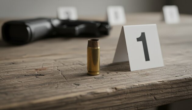 Bullet casing marked as evidence at a crime scene with a handgun and other markers blurred in the background on a wooden surface, depicting criminal investigation