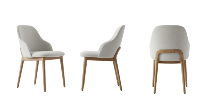 Modern white upholstered dining chairs on black background