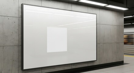 A blank billboard stands in a subway station, ready for an advertisement, with a clean white surface and a modern, minimalist design
