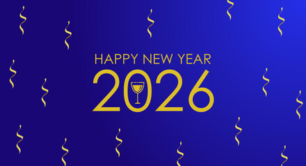 "Happy New Year 2026" graphic with a champagne glass replacing the zero in "2026", set against a blue background with gold streamers.
