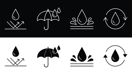 Weather icons displaying rain umbrellas and water droplets in various styles