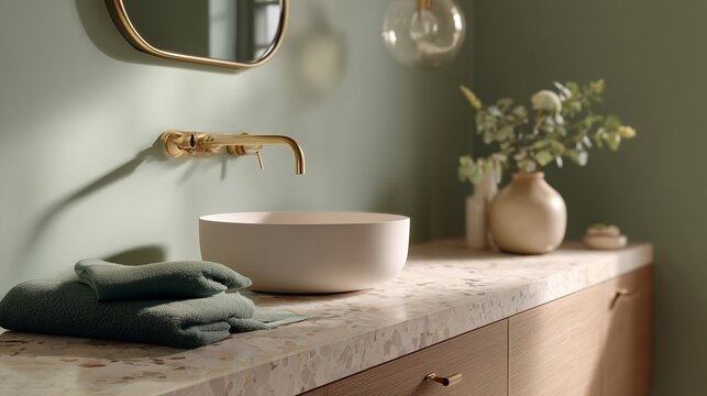 Stylish bathroom sink with green towels and natural decor in a serene setting - Powered by Adobe