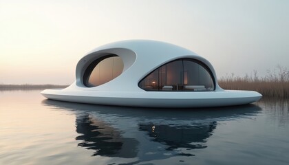 Futuristic pod home floats on calm lake water at dawn. Modern sleek design with large windows offers peaceful serene view of reeds and sky. Innovative sustainable dwelling provides comfort and luxury.