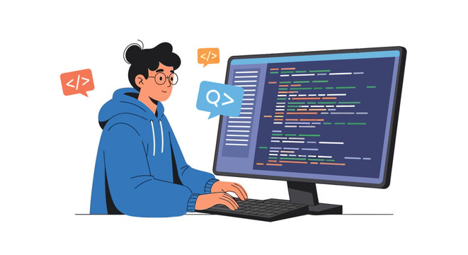 Young female programmer coding on a desktop computer illustration. Flat Vector Illustrations. EPS Editable