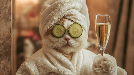 Fluffy feline relaxing with cucumber eyes and champagne relaxation
