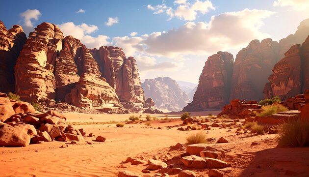 Vast desert landscape, towering rock formations under a bright blue sky