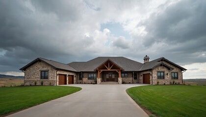 Fototapeta premium Luxury stone house stands on green lawn under dramatic sky. Driveway leads to garages. Architecture design combines stone walls, dark roof. Upscale country living in spacious estate property.