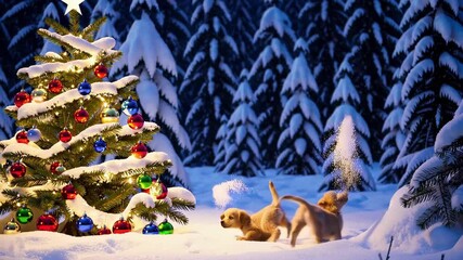Two adorable golden retriever puppies playing in snow beside a decorated christmas tree in a winter forest at night. concept of holiday joy, winter wonderland, festive spirit. - Powered by Adobe