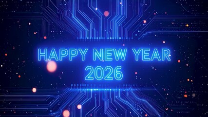 Happy New Year 2026 glowing blue text with futuristic circuit board background, digital light particles, and tech-inspired animation, perfect seamless looping video for celebration.