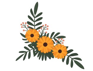 Vibrant orange gerbera daisies and dark green leaves floral arrangement corner accent