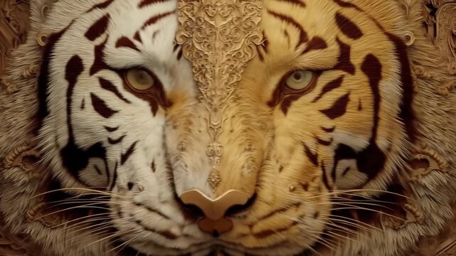 Close up of a tiger face with symmetrical pattern and detailed texture